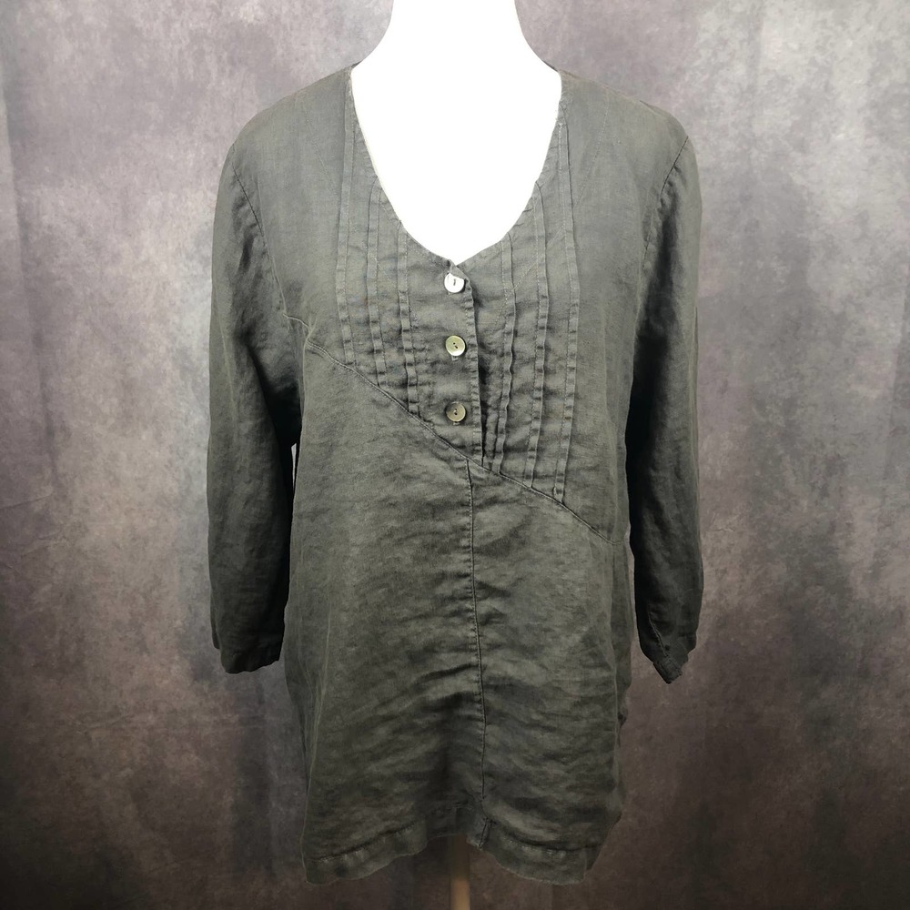 Mosaic Shirt Womens Large 100%‎ Linen Blouse Lagenlook Top Gray Long Sleeves USA